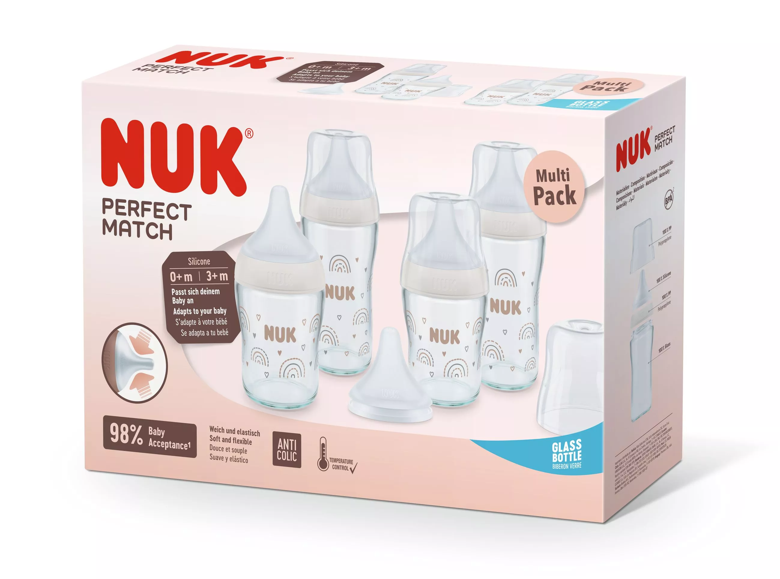 NUK Perfect Match Сет 4 стъклени шишета - 2х120мл. + 2х230мл.+ допълнителен биберон за хранене U 1бр., Дъга