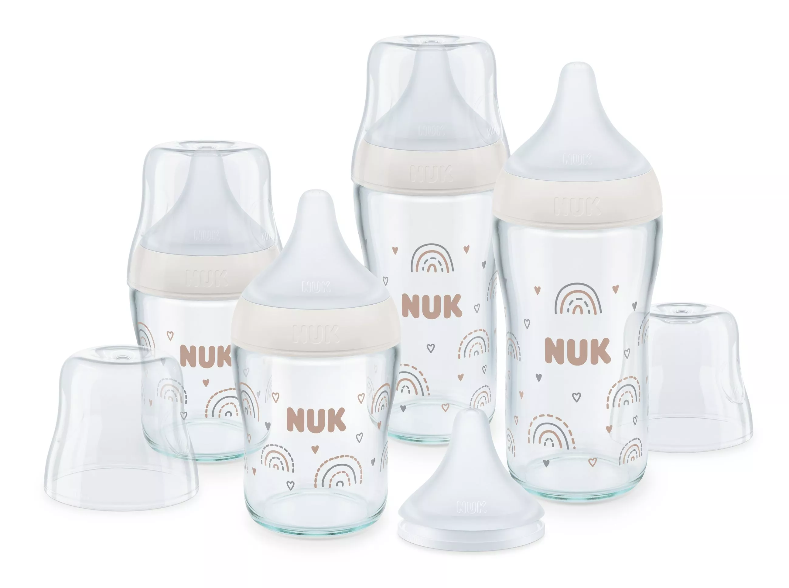 NUK Perfect Match Сет 4 стъклени шишета - 2х120мл. + 2х230мл.+ допълнителен биберон за хранене U 1бр., Дъга