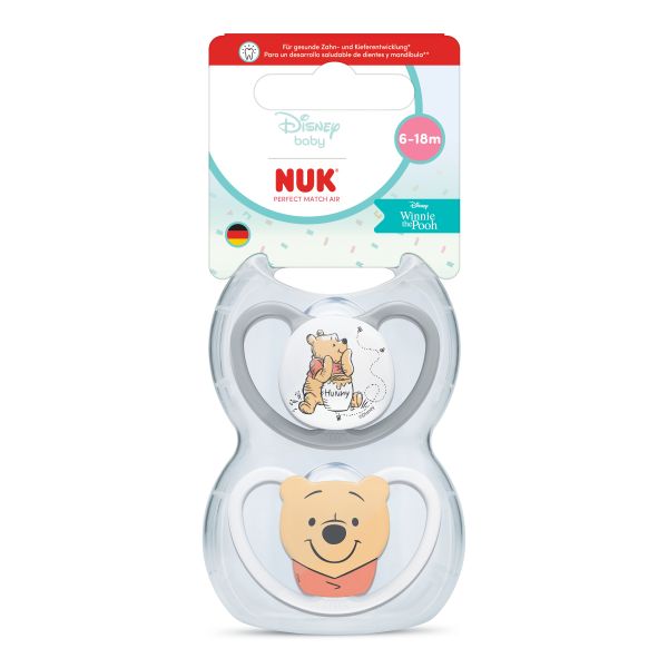NUK Perfect Match биберон залъгалка, силикон 6-18 мес., 2 бр., AIR, Мечо Пух
