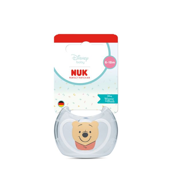 NUK Perfect Match биберон залъгалка, силикон 6-18 мес. 1бр., AIR, Мечо Пух, бяла