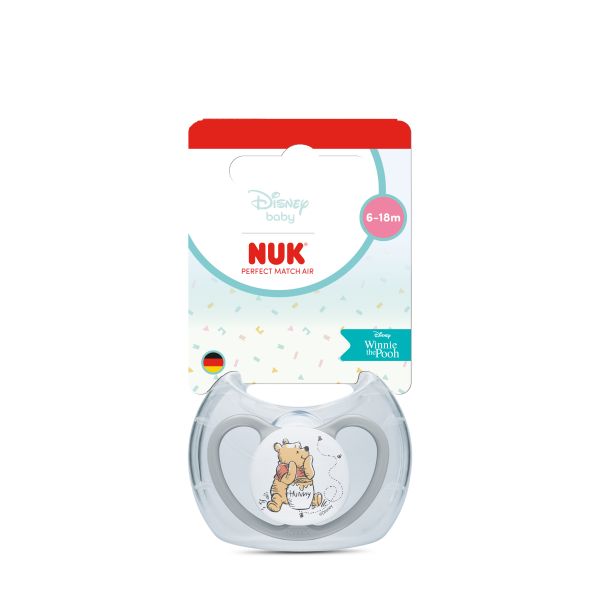 NUK Perfect Match биберон залъгалка, силикон 6-18 мес. 1бр., AIR, Мечо Пух, сива