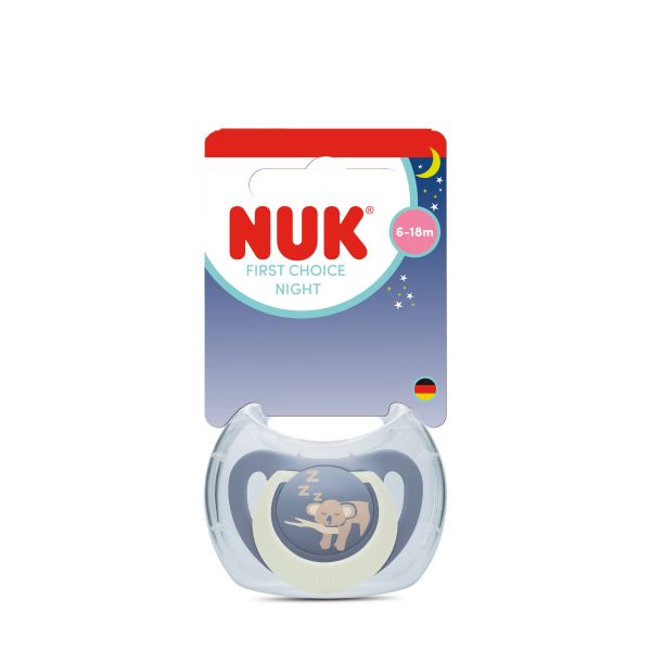 NUK First Choice биберон залъгалка, силикон, 6-18 мес., 1 бр., Night, Коала