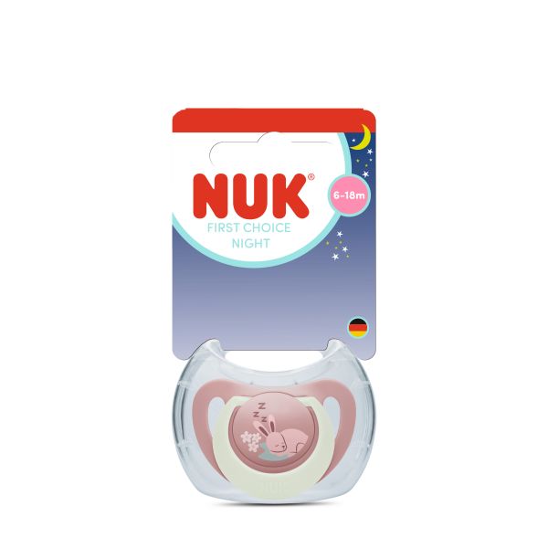 NUK First Choice биберон залъгалка, силикон, 6-18 мес., 1 бр., Night, Заек