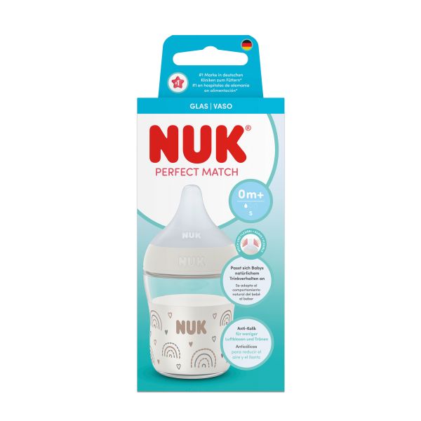 NUK Perfect Match Стъклено шише 120мл. със силиконов биберон за хранене S, 0+мес.