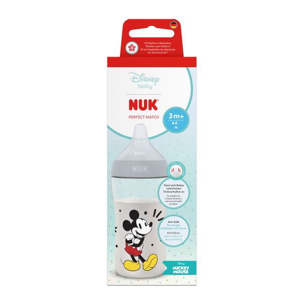 NUK Perfect Match Шише РР 260мл. със силиконов биберон за хранене M, 3+ мес. Мики, сиво