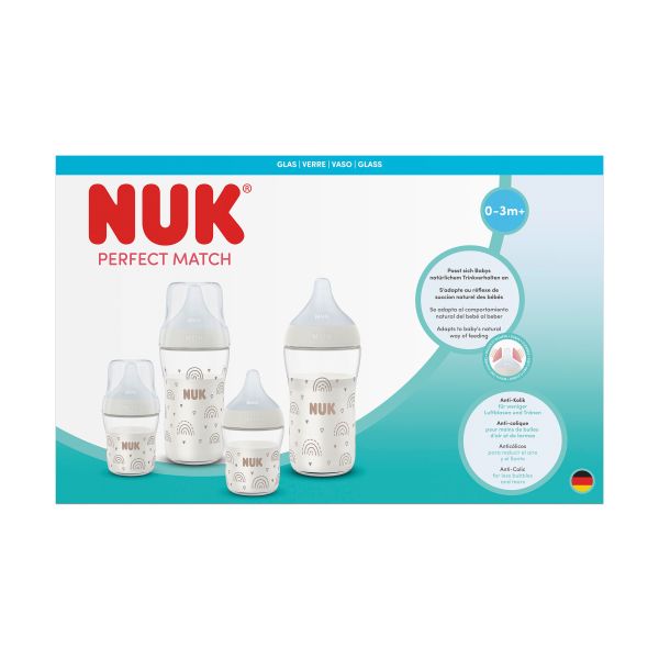 NUK Perfect Match Сет 5 стъклени шишета - 2х120мл. + 2х230мл.+ допълнителен биберон за хранене Flow control1бр.