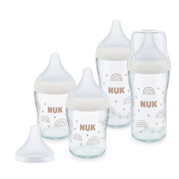 NUK Perfect Match Сет 5 стъклени шишета - 2х120мл. + 2х230мл.+ допълнителен биберон за хранене Flow control1бр.
