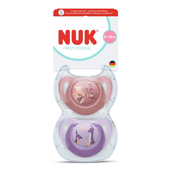 NUK First Choice биберон залъгалка, силикон, 6-18 мес., 2 бр., Маймуна/Кенгуру