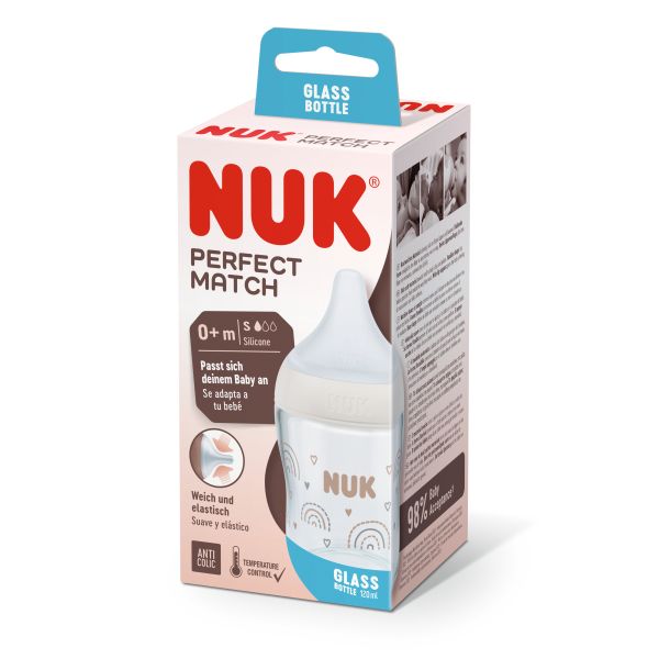 NUK Perfect Match Стъклено шише 120мл. със силиконов биберон за хранене S, 0+мес. Дъга
