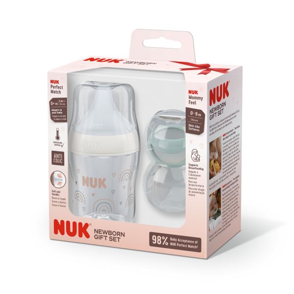 NUK Perfect Match Подаръчен сет - Шише 150мл., Дъга + залъгалка MommyFeel 0-9 мес.