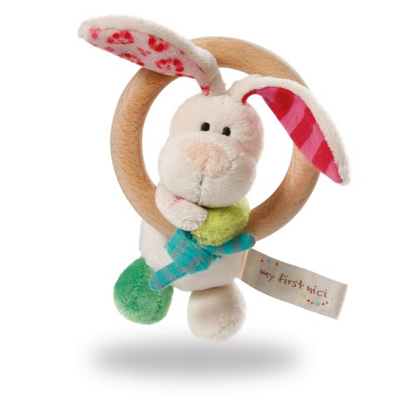 NICI Играчка Заекът Тили с дървен ринг и звънче, 15см. 3+ мес.