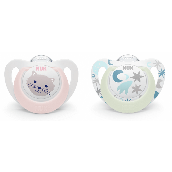 NUK биберон залъгалка силикон 0-6мес. 2бр STAR NIGHT&DAY светеща - момиче