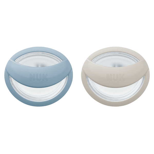 NUK биберон залъгалка силикон 0-9 мес. 2 бр. Mommy Feel, синя/сива + кутийка за съхранение и стерилизация в микровълнова