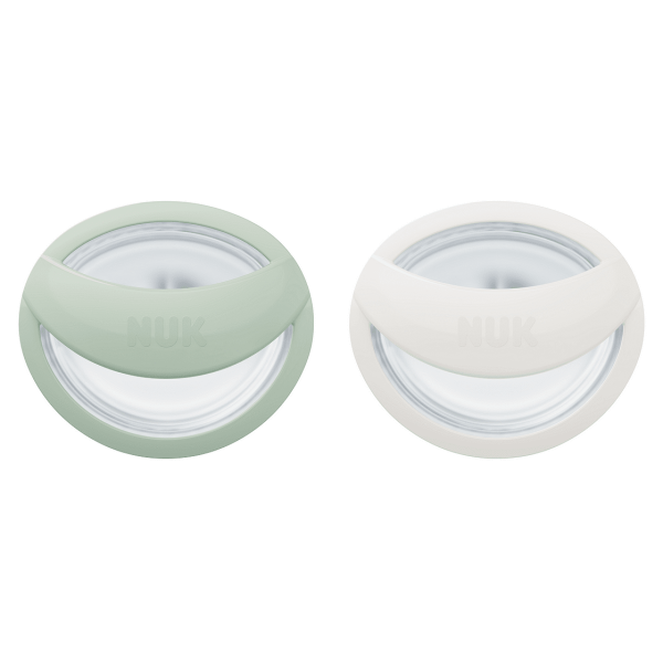 NUK биберон залъгалка силикон 0-9 мес. 2 бр. Mommy Feel, зелена/бяла + кутийка за съхранение и стерилизация в микровълнова