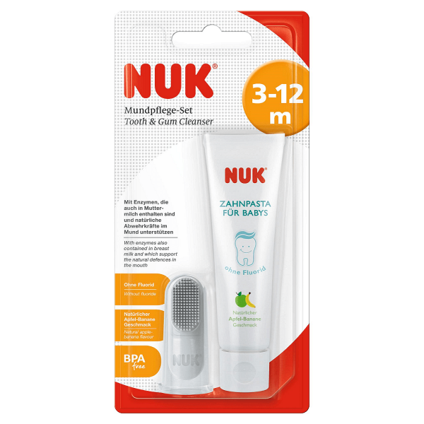 NUK пръстче за масаж + паста за зъби за деца над три месеца.