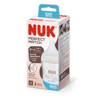 NUK Perfect Match Стъклено шише 120мл. със силиконов биберон за хранене S, 0+мес. Дъга