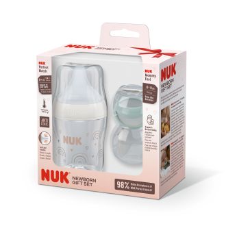 NUK Perfect Match Подаръчен сет - Шише 150мл., Дъга + залъгалка MommyFeel 0-9 мес.