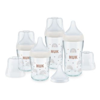 NUK Perfect Match Сет 5 стъклени шишета - 2х120мл. + 2х230мл.+ допълнителен биберон за хранене U 1бр., Дъга