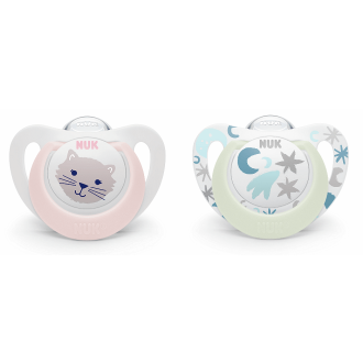 NUK биберон залъгалка силикон 0-6мес. 2бр STAR NIGHT&DAY светеща - момиче